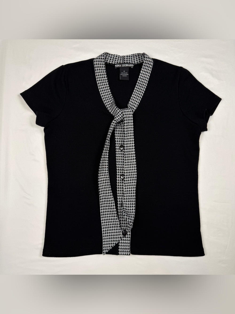 Nina Leonard Knit Button Down Short Sleeve Blouse Black White XS EUC